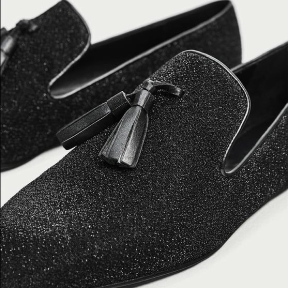 NWOT Zara Black Shimmery Flat Loafers with Tassels - Picture 3 of 5